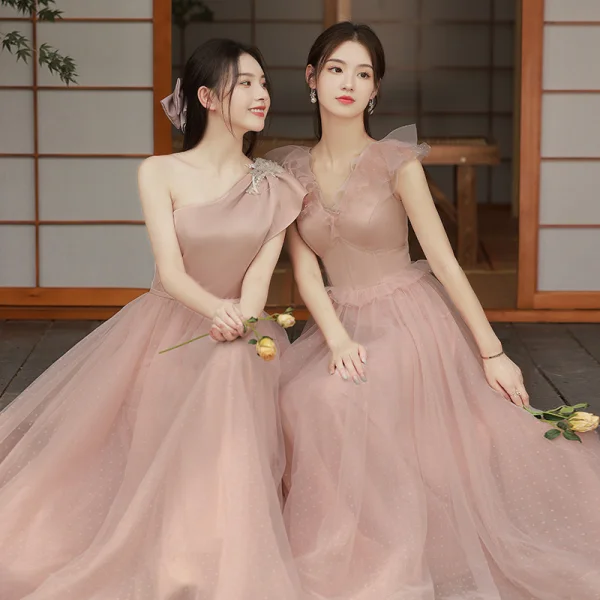 Simple Rougissant Rose Robe Demoiselle D'honneur 2022 Princesse Manches Courtes Dos Nu Longue Robe Demoiselle D'honneur
