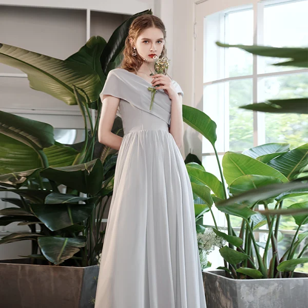 modest grey bridesmaid dresses Modest Dark Green Long Bridesmaid Dresses Deep V-Neck Chiffon Maid of –  Newinlook main image 1