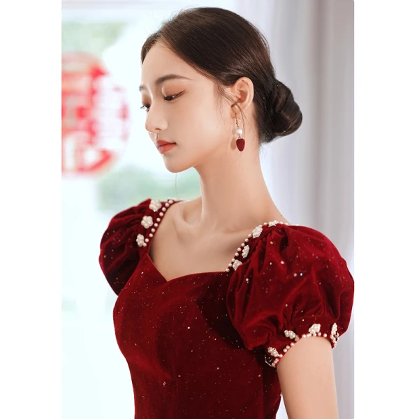 Elegant Burgundy Suede Prom Dresses 2022 A-Line / Princess Square Neckline Puffy Short Sleeve Backless Pearl Sequins Floor-Length / Long Formal Dresses