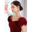 Elegant Burgundy Suede Prom Dresses 2022 A-Line / Princess Square Neckline Puffy Short Sleeve Backless Pearl Sequins Floor-Length / Long Formal Dresses