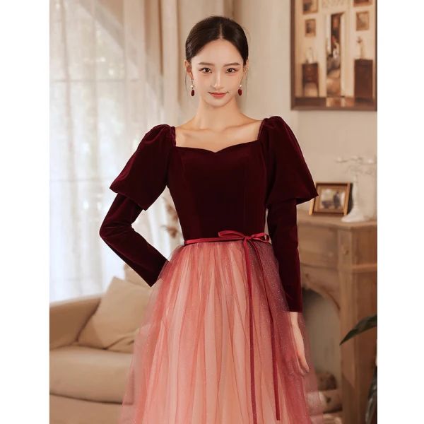 Elegant Burgundy Suede Winter Prom Dresses 2022 A-Line / Princess Square Neckline Long Sleeve Backless Sash Bow Floor-Length / Long Formal Dresses