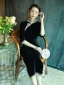 Vintage / Retro Chinese style Black Evening Party Cheongsam 2022 Trumpet / Mermaid High Neck 1/2 Sleeves Lace Flower Split Front Tea-length Cheongsam / Qipao