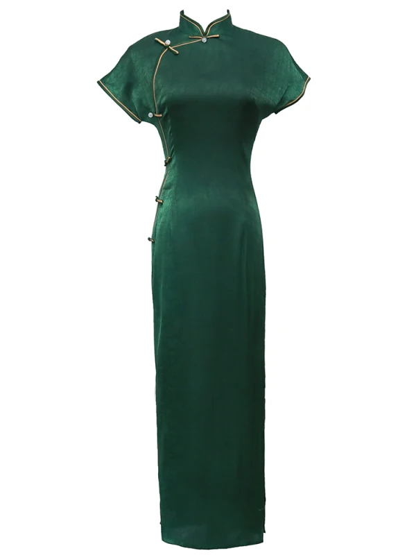 Vintage / Retro Dark Green Evening Party Cheongsam 2022 Trumpet / Mermaid High Neck Short Sleeve Split Front Tea-length Cheongsam / Qipao