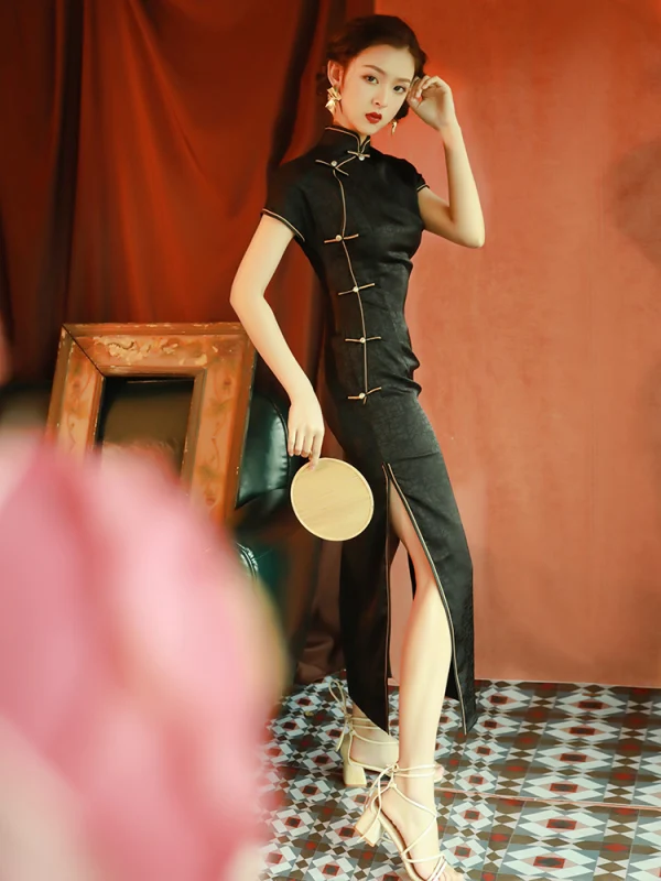 Vintage / Retro Black Evening Party Cheongsam 2022 Trumpet / Mermaid High Neck Short Sleeve Split Front Tea-length Cheongsam / Qipao