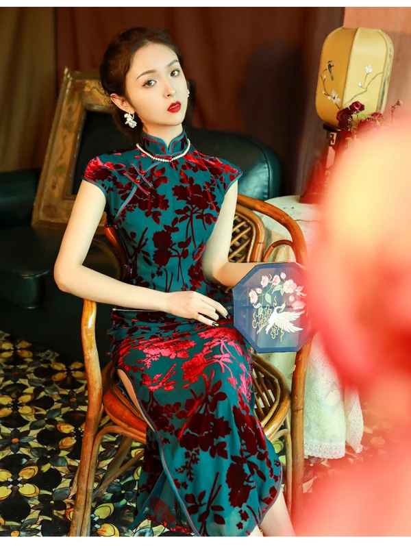 Vintage / Retro Ink Blue Velour Suede Cheongsam 2022 Trumpet / Mermaid High Neck Sleeveless Split Front Tea-length Evening Party Cheongsam / Qipao