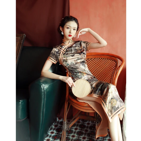 Chiński Styl Vintage Szampan Druk Cheongsam 2022 Syrena / Rozkloszowane Wysokiej Szyi Kótkie Rękawy Podział Przodu Długość Herbaty Wieczorowe Cheongsam