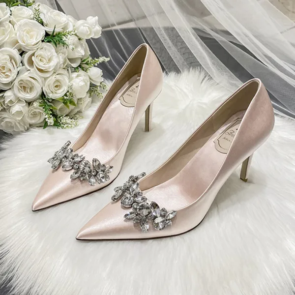 Fashion Ivory Rhinestone Satin Wedding Shoes 2022 9 cm Stiletto Heels Pointed Toe Wedding Pumps High Heels