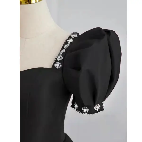 Elegant Black Satin Prom Dresses 2022 A-Line / Princess Square Neckline Puffy Short Sleeve Pearl Rhinestone Backless Floor-Length / Long Formal Dresses