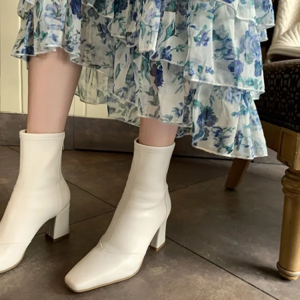 Vintage Brun Gateklær Vinter Boots Dame 2022 6 cm Tykk Hæler Firkantetå Boots