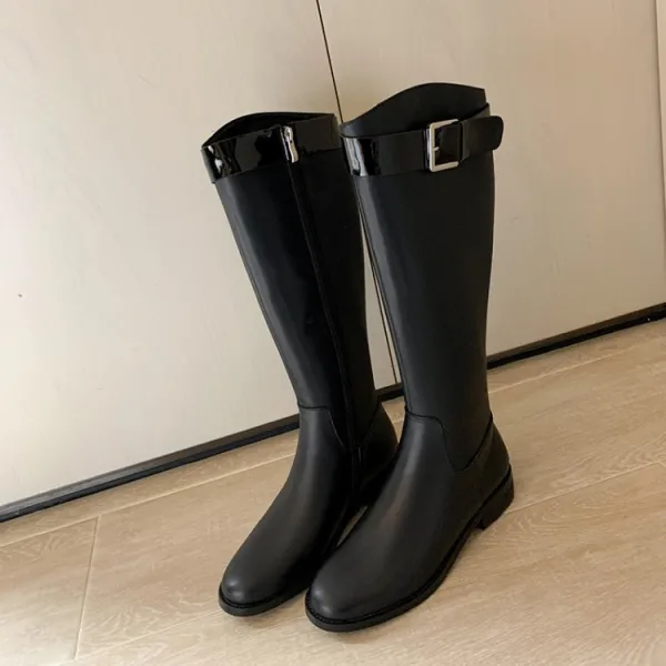 Moda Czarne Zużycie ulicy Zima Kozaki Damskie 2022 Skórzany Okrągłe Toe Płaskie Boots