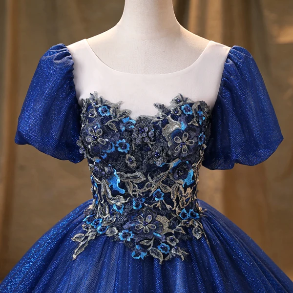 Vintage / Retro Royal Blue Glitter Prom Dresses 2022 Ball Gown Scoop Neck Beading Lace Flower Puffy Short Sleeve Backless Floor-Length / Long Formal Dresses