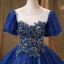 Vintage / Retro Royal Blue Glitter Prom Dresses 2022 Ball Gown Scoop Neck Beading Lace Flower Puffy Short Sleeve Backless Floor-Length / Long Formal Dresses