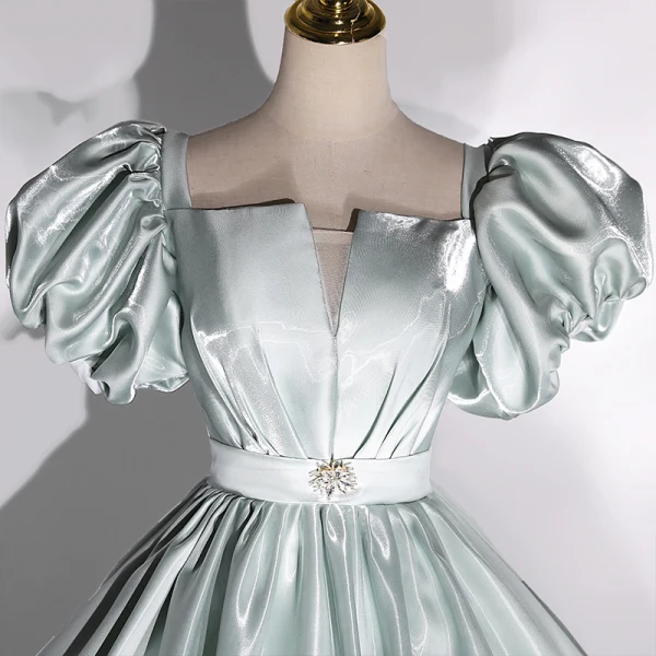 Classy Sage Green Satin Prom Dresses 2022 Ball Gown Square Neckline Puffy Short Sleeve Backless Bow Floor-Length / Long Formal Dresses