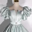 Classy Sage Green Satin Prom Dresses 2022 Ball Gown Square Neckline Puffy Short Sleeve Backless Bow Floor-Length / Long Formal Dresses
