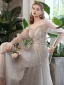 Chic / Beautiful Grey Beading Lace Flower Bridesmaid Dresses 2022 A-Line / Princess Rhinestone Sequins Short Sleeve Backless Floor-Length / Long Wedding Bridesmaid Dresses