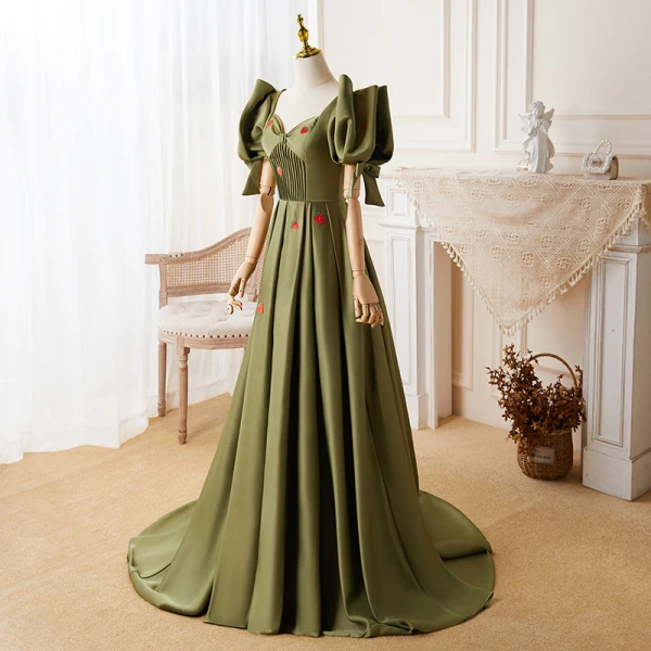 Vintage / Retro Ivory Satin Strawberry Prom Dresses 2022 A-Line / Princess Square Neckline Puffy Short Sleeve Backless Floor-Length / Long Formal Dresses