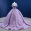 Luxury / Gorgeous High-end Lilac Prom Dresses 2022 Off-The-Shoulder Handmade  Beading Sequins Short Sleeve Backless Floor-Length / Long Formal Dresses