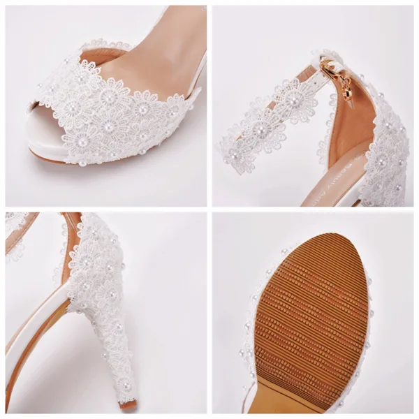 Charmant Weiß Perle Spitze Blumen Brautschuhe 2022 Knöchelriemen 10 cm Stilettos Peeptoes Hochzeit Sandaletten Hochhackige