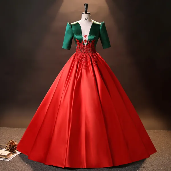 Elegant Red Green Prom Dresses 2024 Rhinestone Lace Satin Formal Dresses