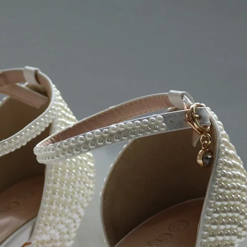 Sexy White Pearl Wedding Shoes 2021 Ankle Strap 11 cm Stiletto Heels Open / Peep Toe Wedding High Heels