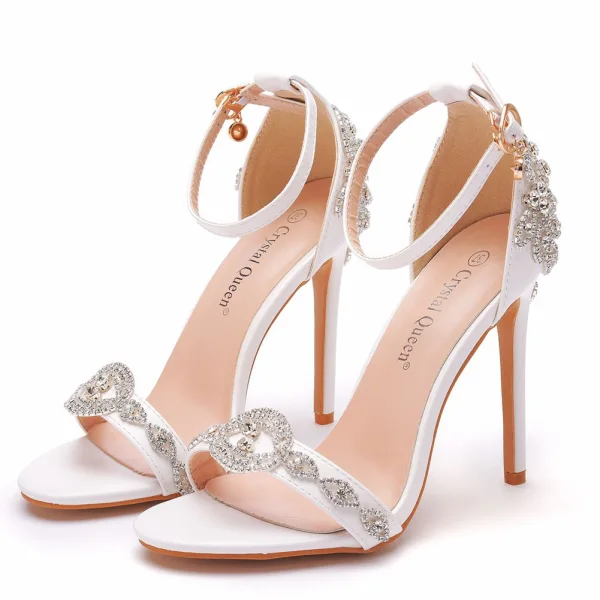 Charmant Weiß Strass Brautschuhe 2021 Knöchelriemen 8 cm Stilettos Peeptoes Hochzeit Hochhackige