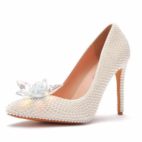 Charming Ivory Pearl Crystal Wedding Shoes 2021 11 cm Stiletto Heels Pointed Toe Wedding Pumps High Heels