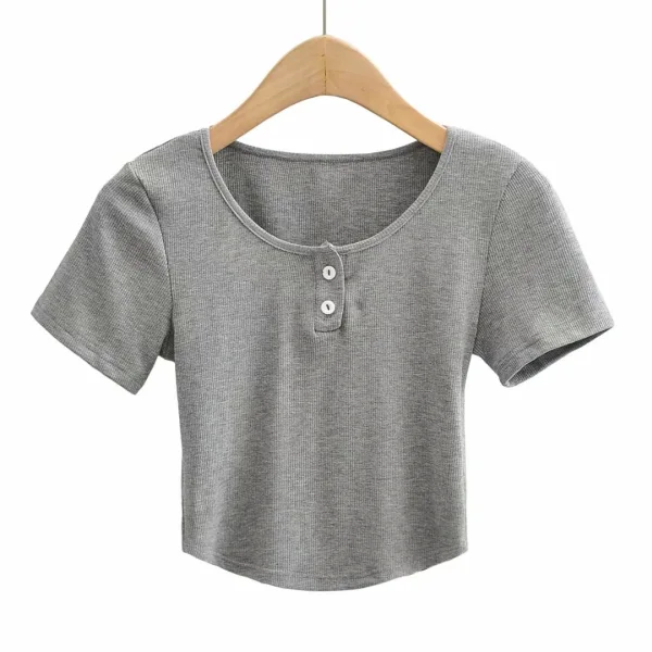 Sexy Blushing Pink Summer Street Wear Tight Buttons T-Shirts 2021 Scoop Neck Short Sleeve Women's Tops