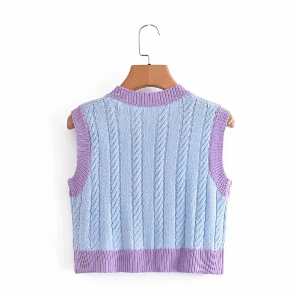 Fashion Sky Blue Two Tone Fall Knitting Casual Tank Sweaters 2021 V-Neck Short Sleeve Women's Tops