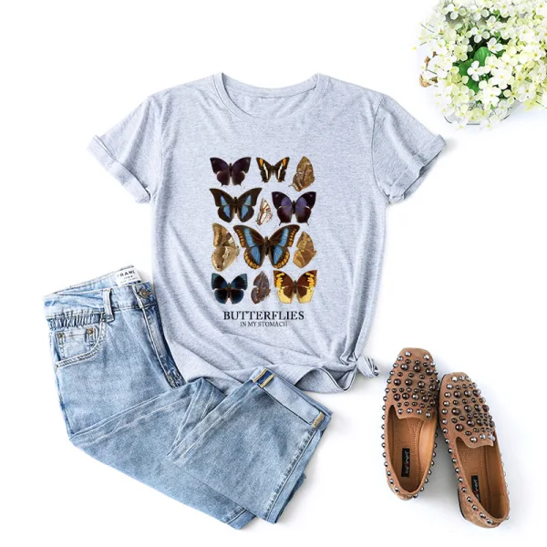 Fashion Street Wear Khaki Summer Loose Butterfly Printing Cotton T-Shirts 2021 Scoop Neck Short Sleeve Women's Tops T-shirt