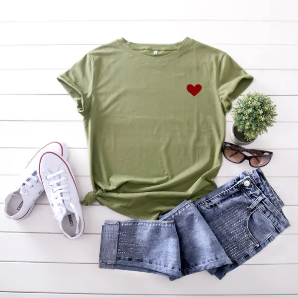 Summer Casual White Heart-shaped Printing Loose T-Shirts 2021 Cotton Scoop Neck Short Sleeve Women's Tops T-shirt