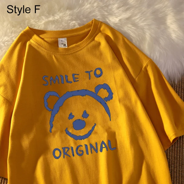 Summer Street Wear White Cartoon Loose T-Shirts 2021 Cotton Scoop Neck Short Sleeve Women's Tops