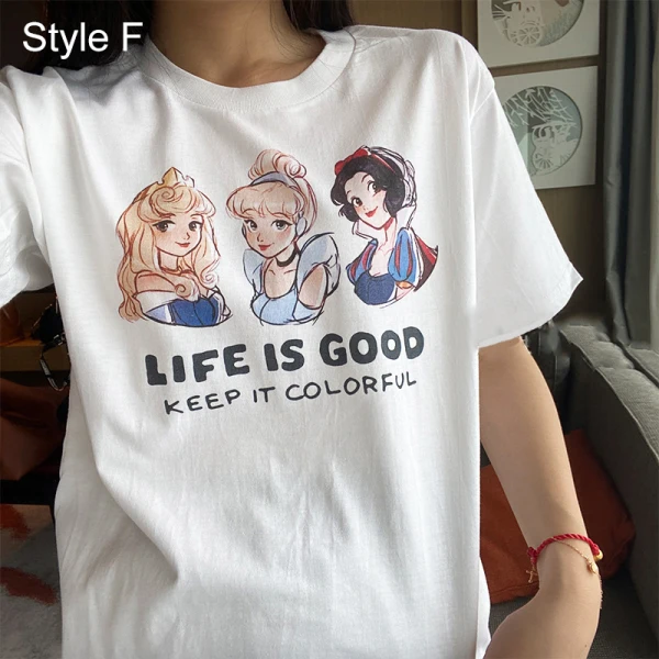 Summer Casual White Cartoon Printing T-Shirts 2021 Cotton Scoop Neck Short Sleeve Women's Tops