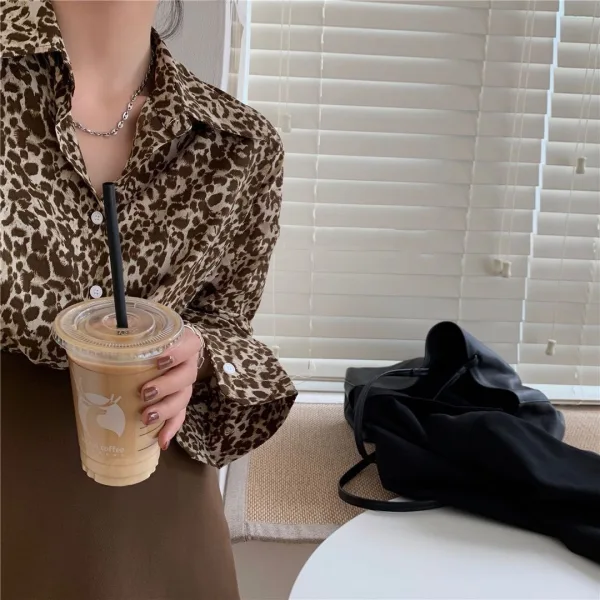 Mote Kaffe Løs Gateklær Leopard Bluser 2021 Chiffon V-Hals Langermede Kvinners Topper Bluser