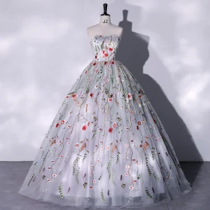 Hada De Las Flores Gris Con Encaje Flor Vestidos De Gala 2022 Sin Tirantes Sin Mangas Sin Espalda Té De Longitud Vestidos Formales