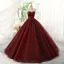 Charming Burgundy Glitter Prom Dresses 2023 Ball Gown Strapless Bell sleeves Backless Floor-Length / Long Prom Formal Dresses
