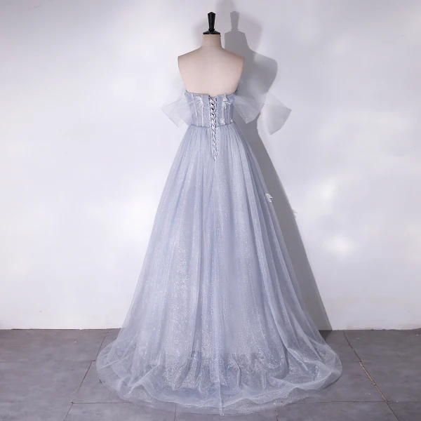 Charmant Gris Perlage Paillettes En Dentelle Fleur Robe De Bal 2024 Princesse Bustier Sans Manches Dos Nu Longue Promo Robe De Ceremonie