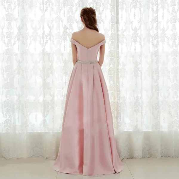 Chic / Beautiful Blushing Pink Prom Dresses 2018 A-Line / Princess Off-The-Shoulder Backless Short Sleeve Floor-Length / Long Formal Dresses