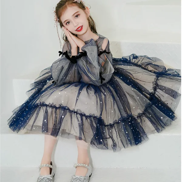 Fashion Ocean Blue Short Birthday Flower Girl Dresses 2021 Ball Gown Scoop Neck Star Rhinestone Sequins Long Sleeve