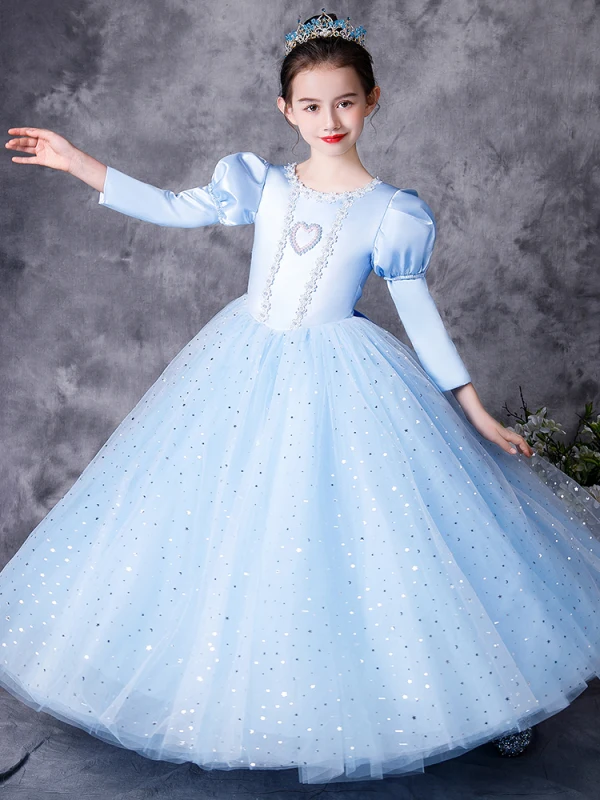 Médiévale Vintage / Originale Bleu Ciel Robe Ceremonie Fille 2021 Princesse Encolure Dégagée 3/4 Manches Forme de coeur Perle Paillettes En Dentelle Fleur Noeud Longue