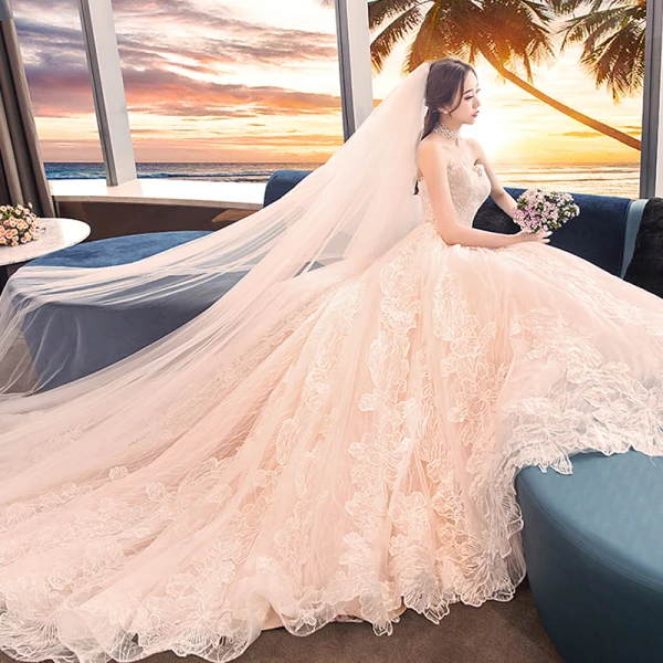 Elegant Champagne Brudekjoler Ballkjole 2018 Blonder Blomst Kjæreste Ryggløse Uten Ermer Royal Train Bryllup