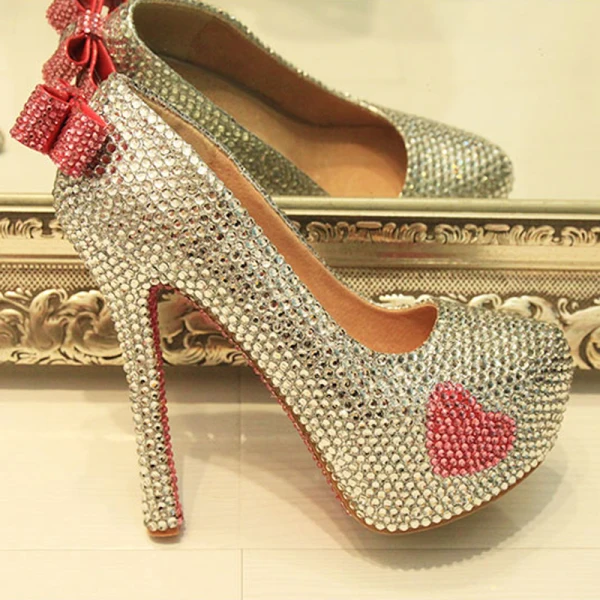 Charmant Argenté Faux Diamant Chaussure De Mariée 2020 Noeud Cuir Imperméables 14 cm Talons Aiguilles À Bout Rond Mariage Escarpins
