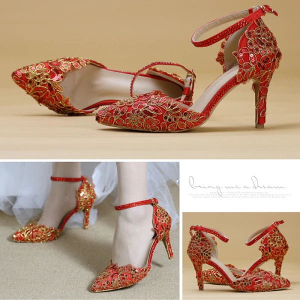 Sexy Ivoire En Dentelle Fleur Chaussure De Mariée 2020 Faux Diamant Bride Cheville Paillettes 8 cm Talons Aiguilles À Bout Pointu Mariage Talons