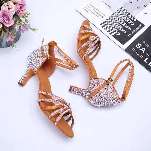 Charmant Braun Strass Latein Tanzschuhe 2020 Satin Knöchelriemen 8 cm Stilettos Peeptoes Tanzen Sandaletten