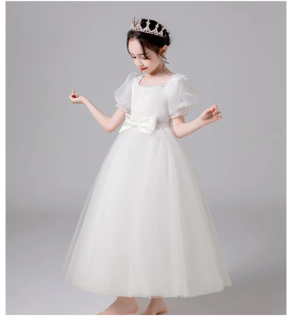 Chic / Beautiful Ivory Wedding Flower Girl Dresses 2021 A-Line / Princess Square Neckline Pearl Bow Short Sleeve Floor-Length / Long Wedding Party Dresses