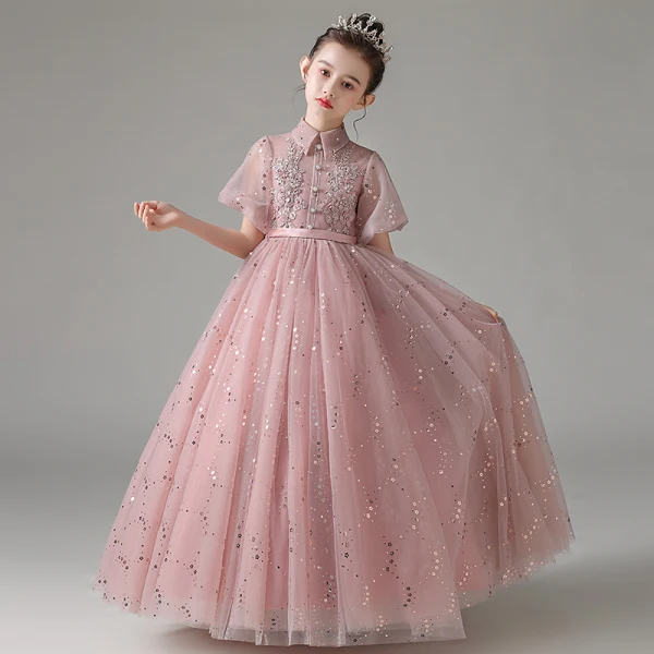 Elegant Blushing Pink Birthday Flower Girl Dresses 2021 A-Line / Princess High Neck Beading Sequins Lace Flower Short Sleeve Sash Floor-Length / Long