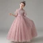Elegant Blushing Pink Birthday Flower Girl Dresses 2021 A-Line / Princess High Neck Beading Sequins Lace Flower Short Sleeve Sash Floor-Length / Long