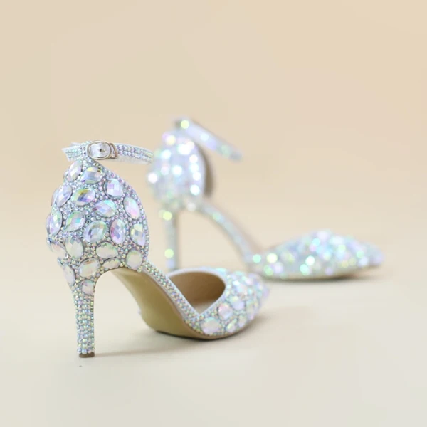 Sexy Multi-Couleurs Faux Diamant Soirée Sandales Femme 2020 Bride Cheville 8 cm Talons Aiguilles À Bout Pointu Sandales