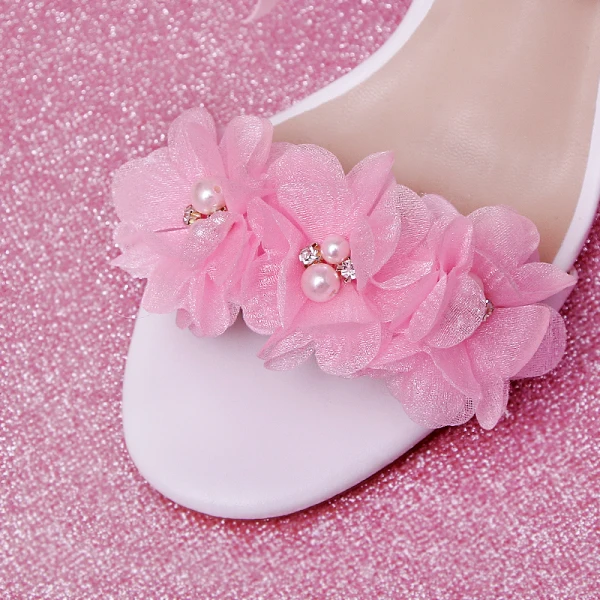Schöne Rosa Brautschuhe 2020 Knöchelriemen Schleife Blumen 7 cm Thick Heels Peeptoes Hochzeit Sandaletten