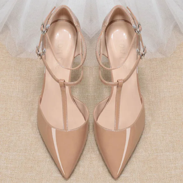 Chic / Beautiful Nude Street Wear Patent Leather Womens Sandals 2020 T-Strap 10 cm Stiletto Heels Pointed Toe Sandals