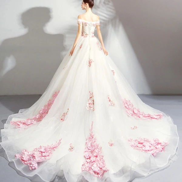Chic / Beautiful White Wedding Dresses 2018 Ball Gown Appliques Lace Embroidered Pearl Off-The-Shoulder Backless Sleeveless Chapel Train Wedding